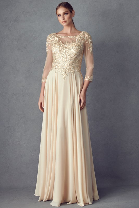 Lace Applique 3/4 Sleeve Chiffon Gown by Juliet M12