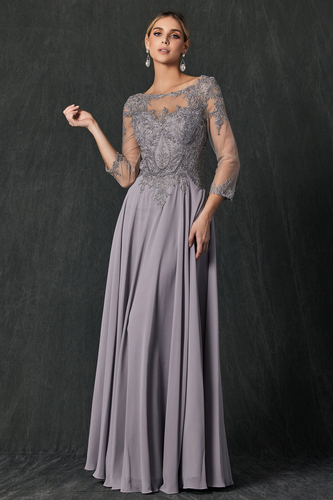 Lace Applique 3/4 Sleeve Chiffon Gown by Juliet M12