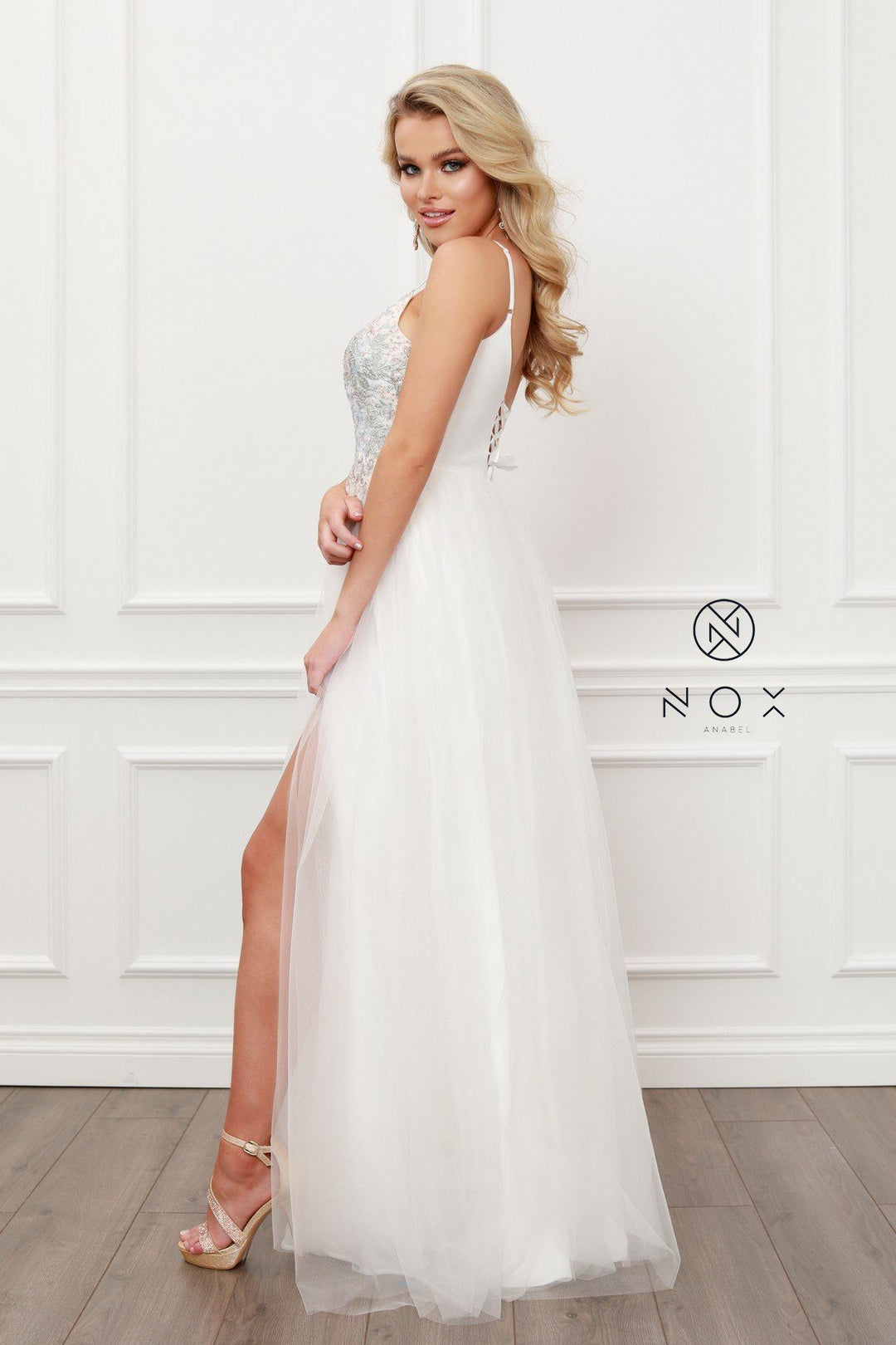 Lace Applique A-line Tulle Gown by Nox Anabel G445
