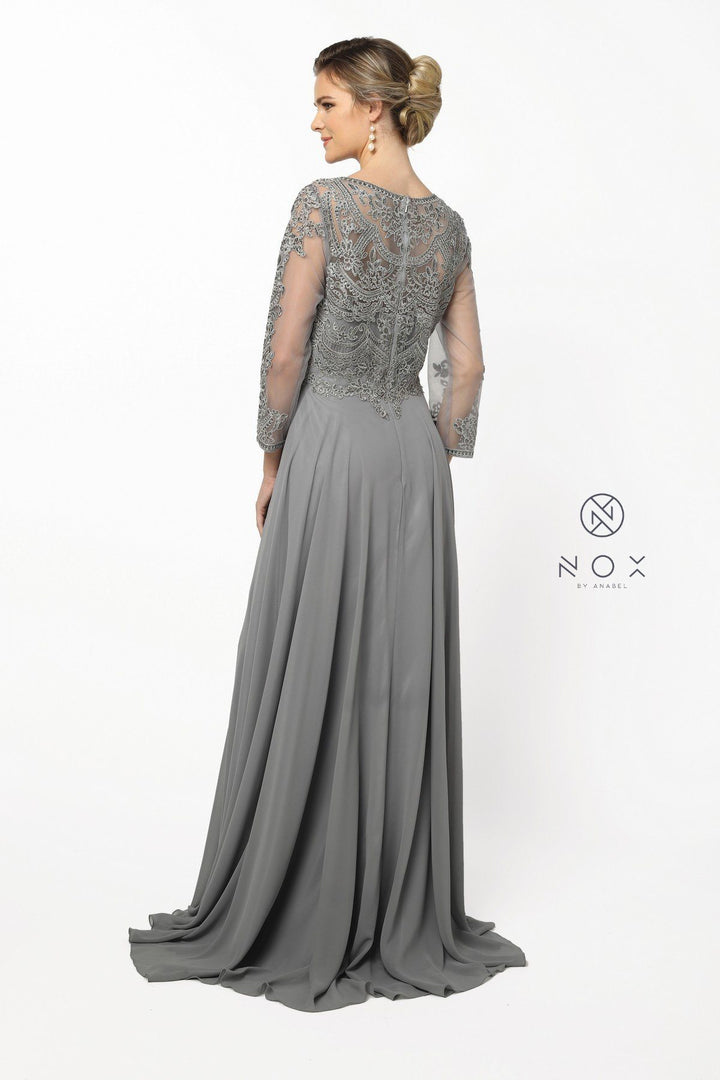 Lace Applique Chiffon Gown with Long Sleeves by Nox Anabel Y513-Long Formal Dresses-ABC Fashion
