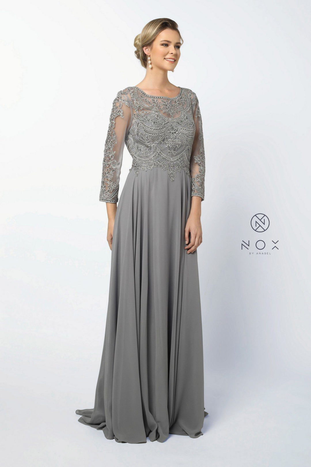 Lace Applique Chiffon Gown with Long Sleeves by Nox Anabel Y513-Long Formal Dresses-ABC Fashion