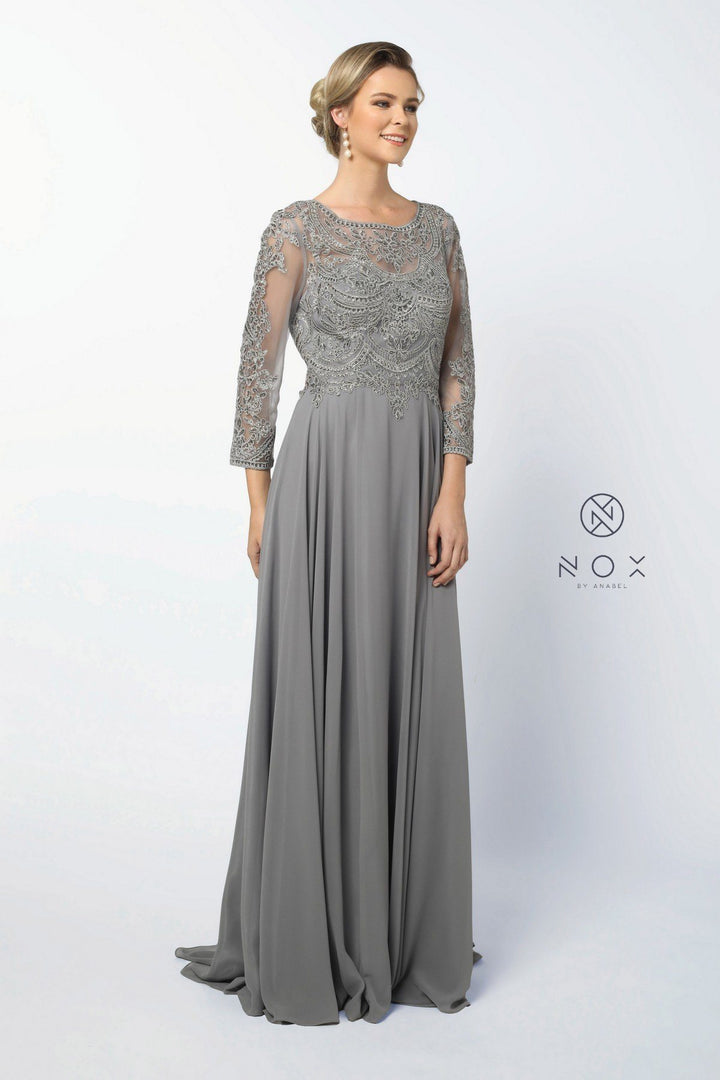 Lace Applique Chiffon Gown with Long Sleeves by Nox Anabel Y513-Long Formal Dresses-ABC Fashion