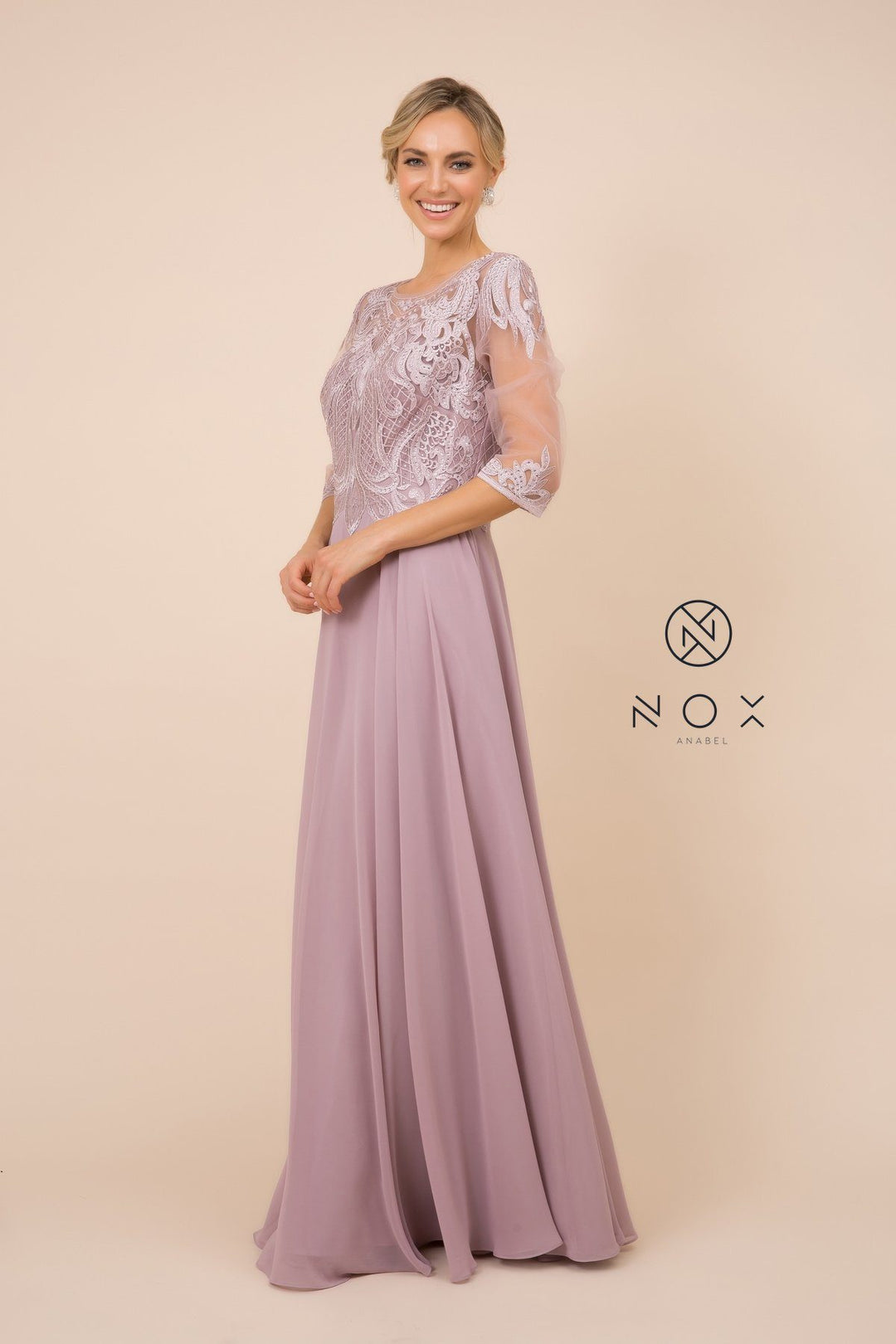 Lace Applique Chiffon Gown with Mid-Sleeves by Nox Anabel Y512