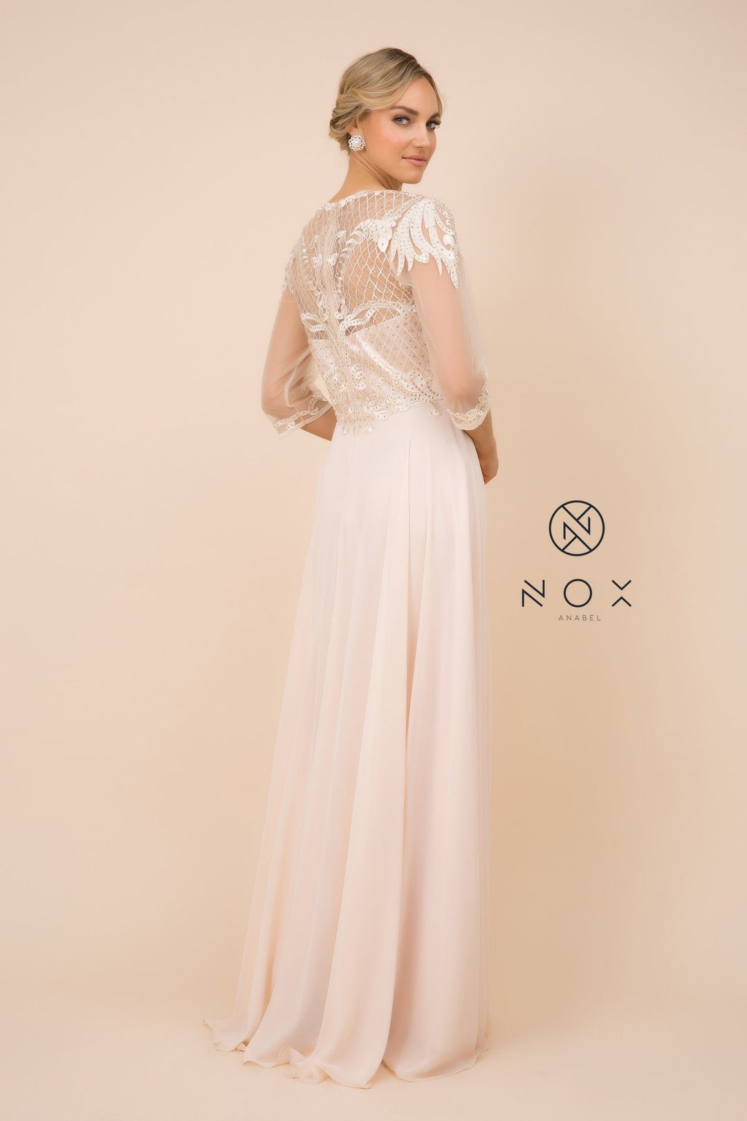 Lace Applique Chiffon Gown with Mid-Sleeves by Nox Anabel Y512