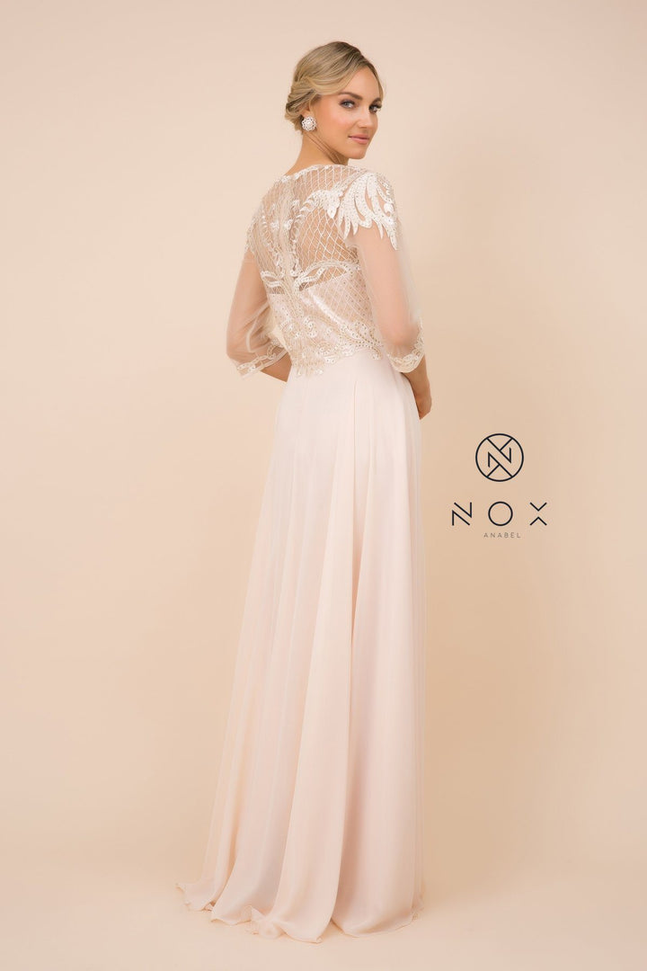 Lace Applique Chiffon Gown with Mid-Sleeves by Nox Anabel Y512