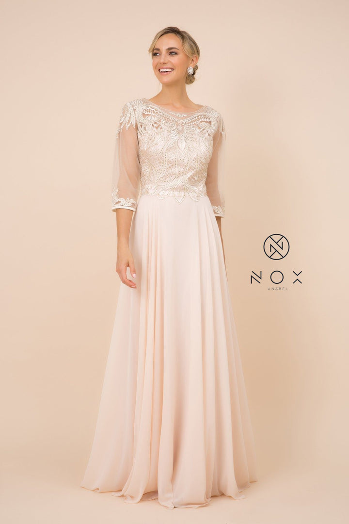 Lace Applique Chiffon Gown with Mid-Sleeves by Nox Anabel Y512