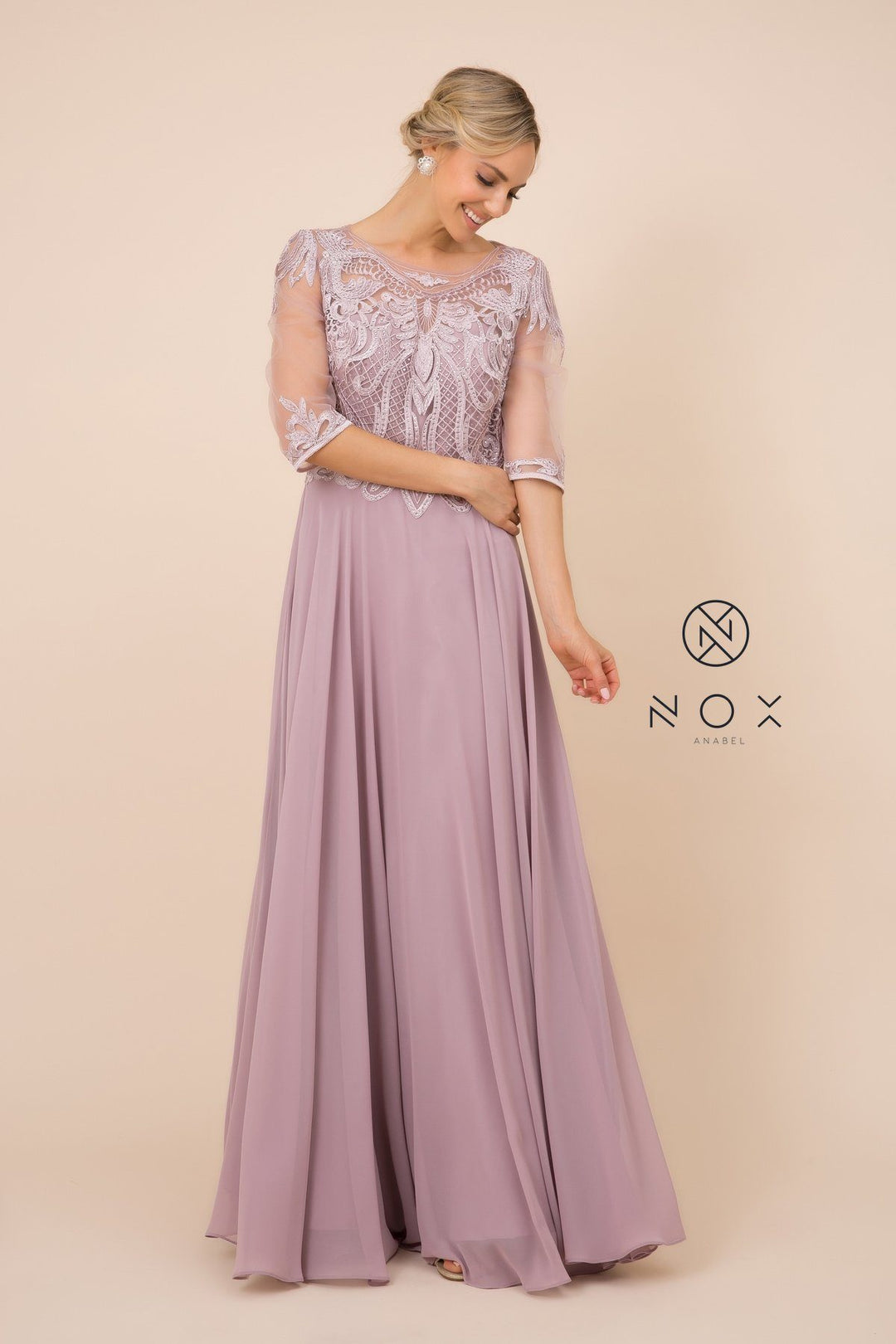 Lace Applique Chiffon Gown with Mid-Sleeves by Nox Anabel Y512