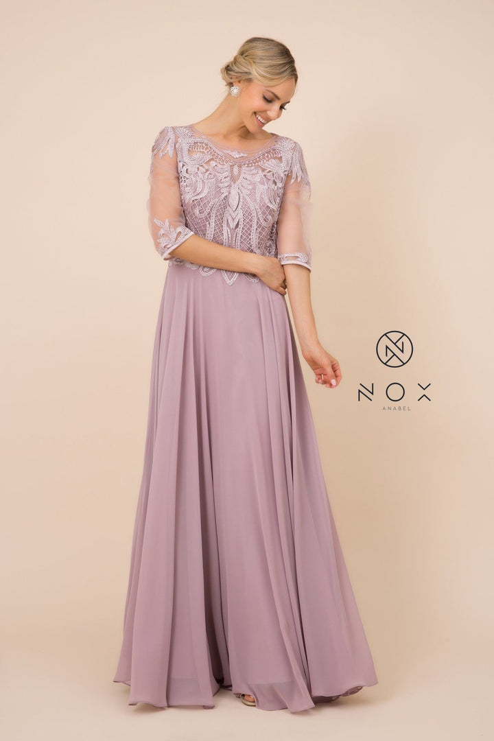 Lace Applique Chiffon Gown with Mid-Sleeves by Nox Anabel Y512