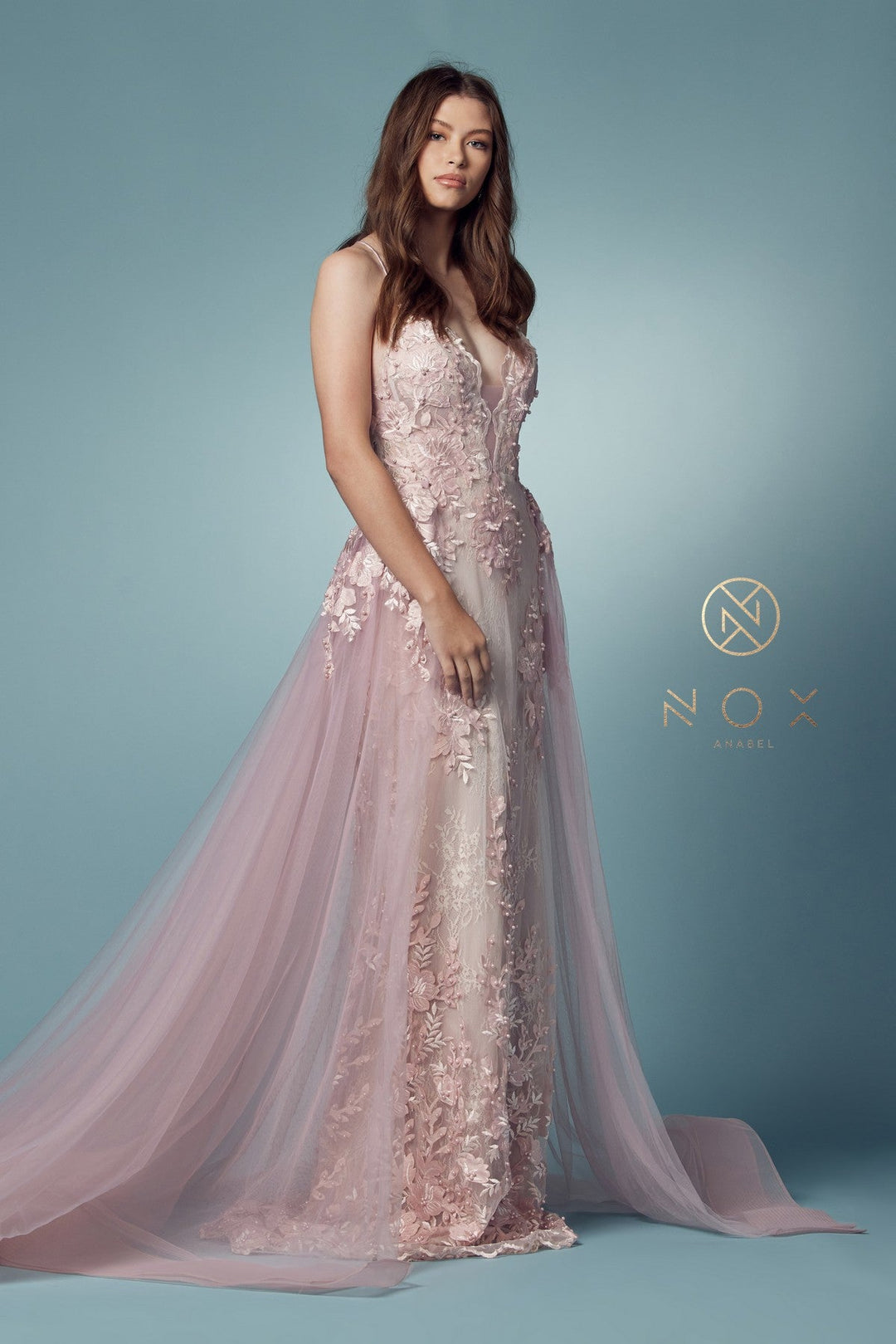 Lace Applique Fitted Overskirt Gown by Nox Anabel F485