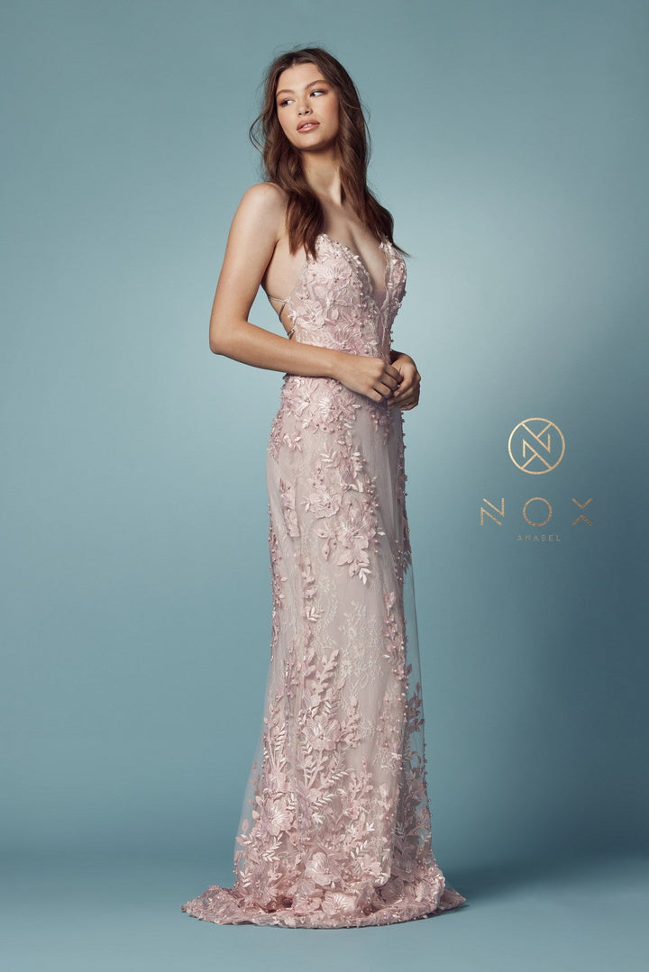 Lace Applique Fitted Overskirt Gown by Nox Anabel F485