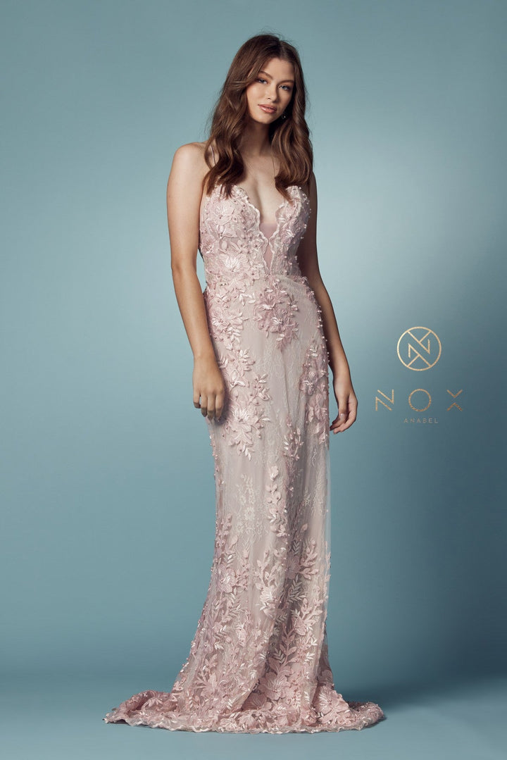 Lace Applique Fitted Overskirt Gown by Nox Anabel F485