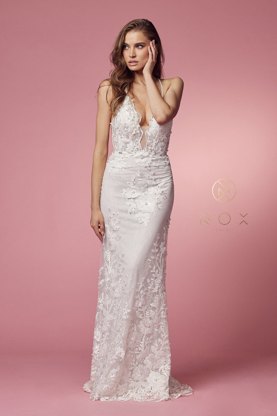 Lace Applique Fitted Overskirt Gown by Nox Anabel F485