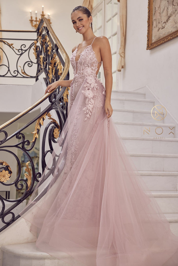 Lace Applique Fitted Overskirt Gown by Nox Anabel F485