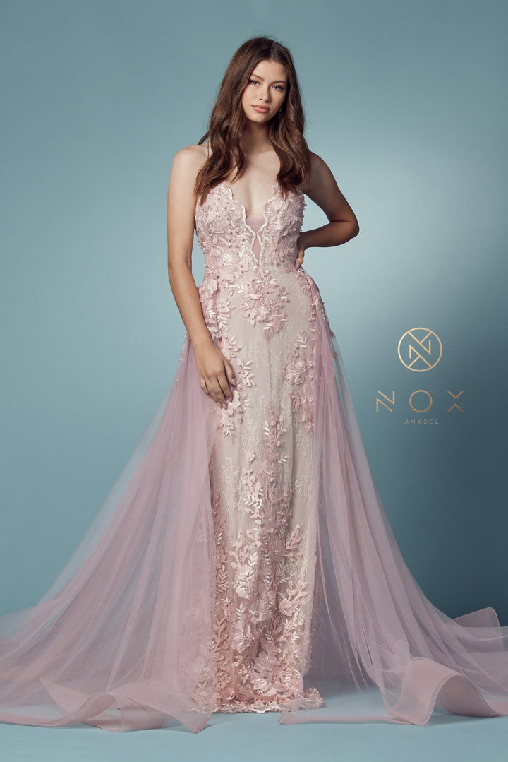 Lace Applique Fitted Overskirt Gown by Nox Anabel F485