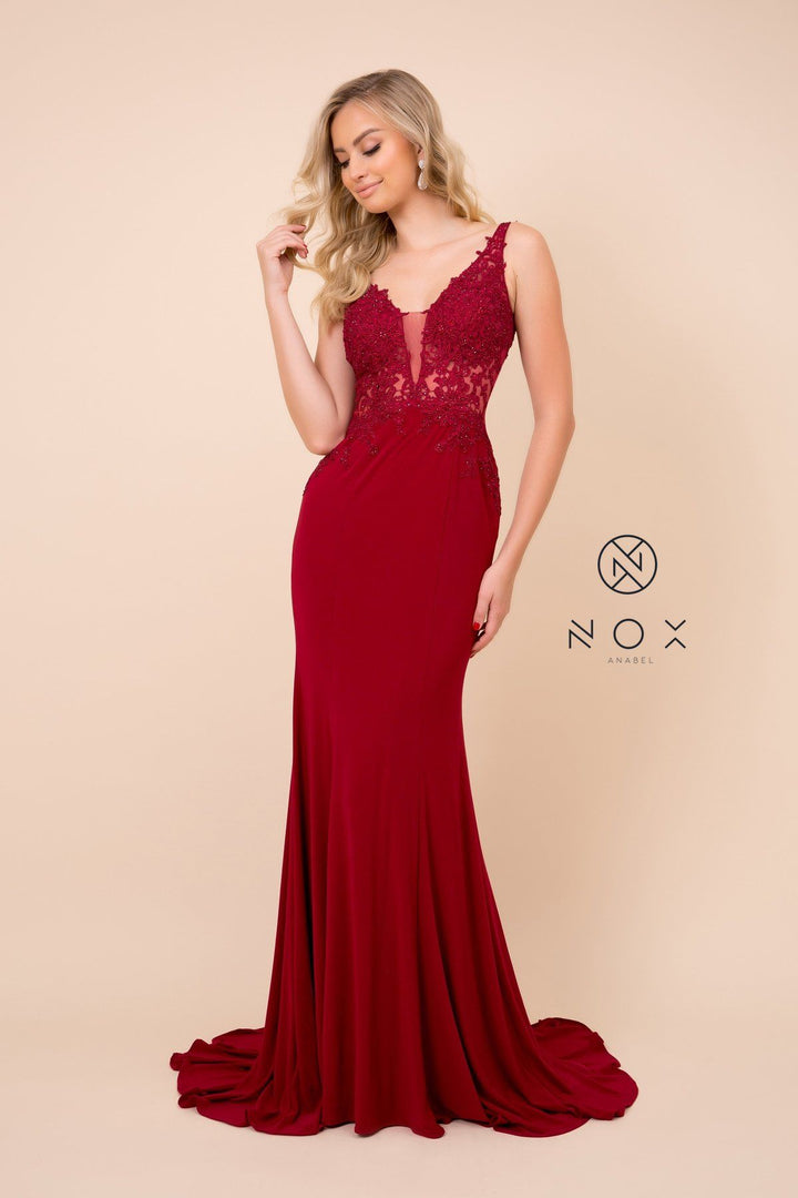 Lace Applique Illusion Mermaid Dress by Nox Anabel J326