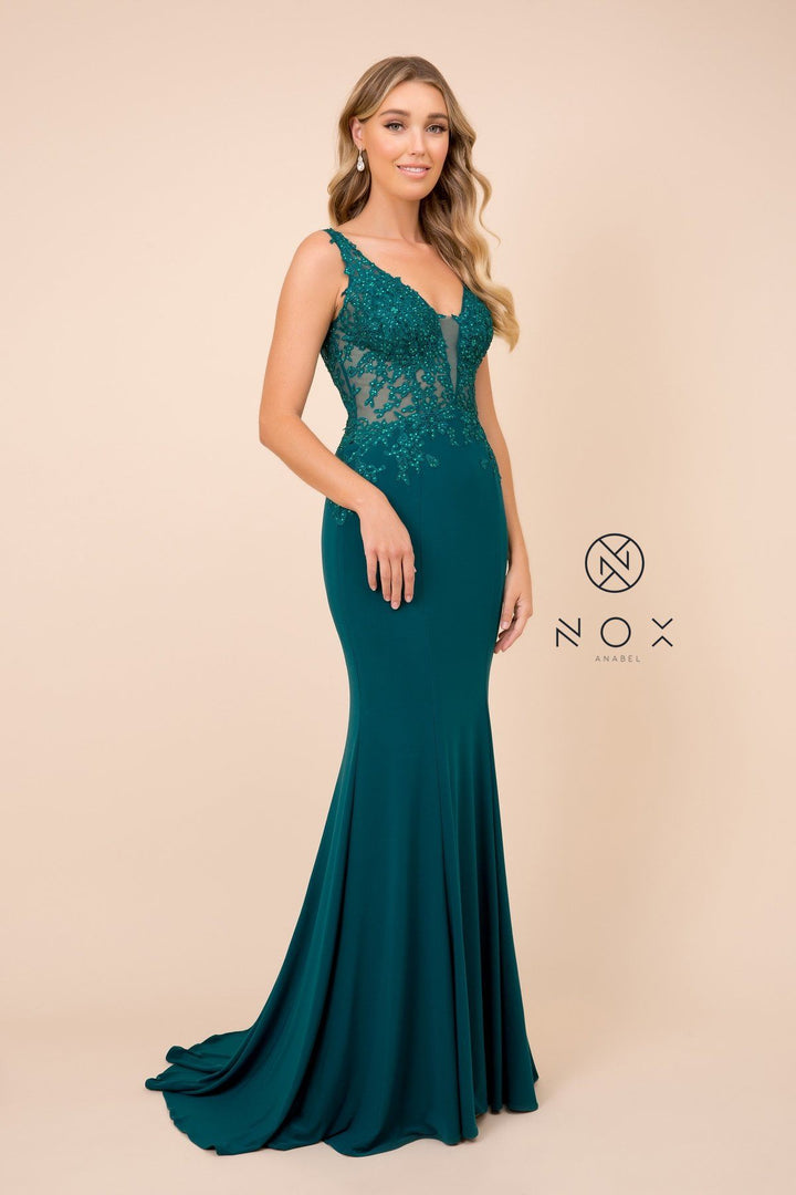 Lace Applique Illusion Mermaid Dress by Nox Anabel J326