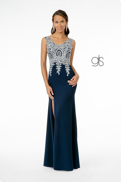 Lace Applique Long Fitted V-Neck Dress by Elizabeth K GL1839