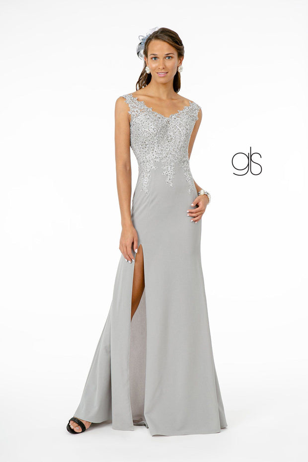 Lace Applique Long Fitted V-Neck Dress by Elizabeth K GL1839