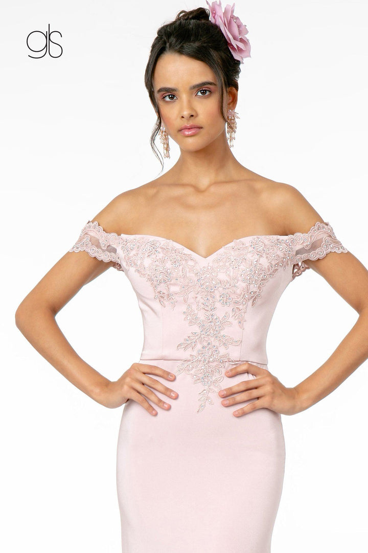 Lace Applique Long Off Shoulder Dress by Elizabeth K GL2958