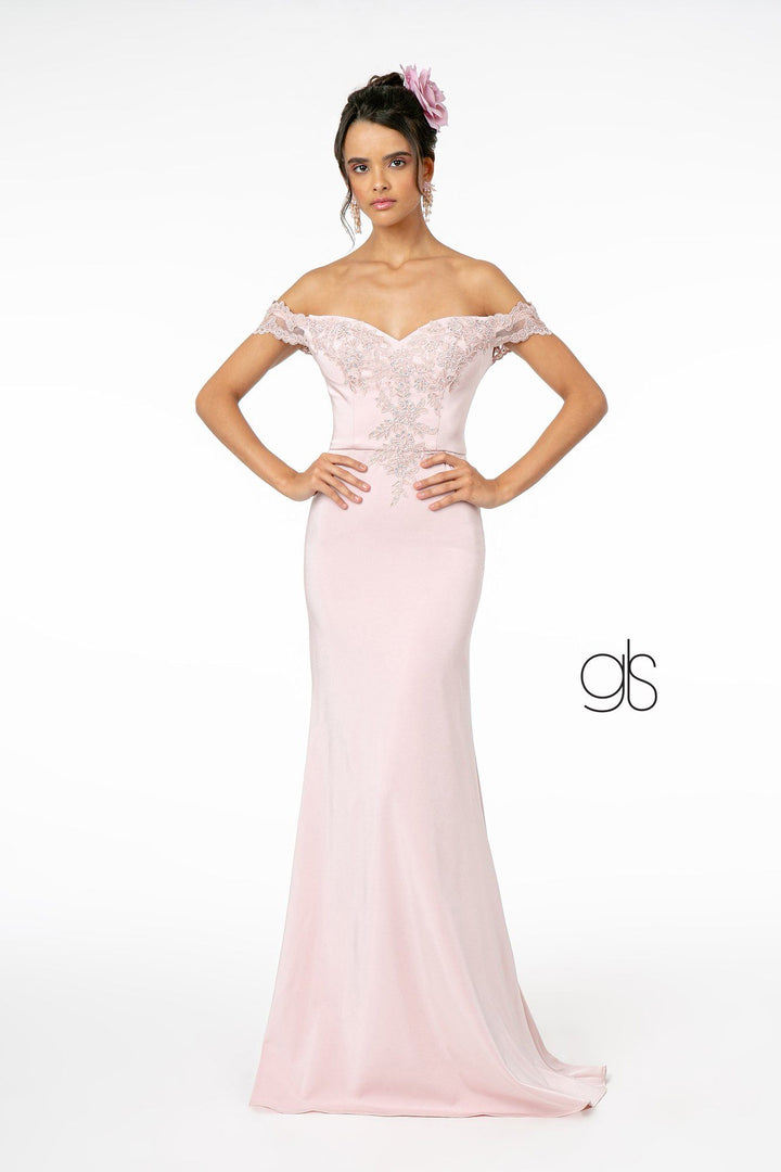 Lace Applique Long Off Shoulder Dress by Elizabeth K GL2958