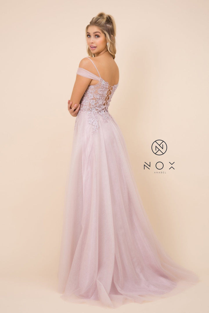 Lace Applique Long Off Shoulder Dress by Nox Anabel S265