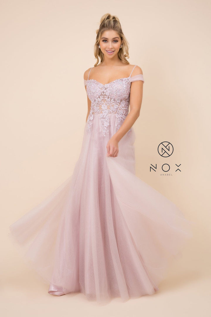 Lace Applique Long Off Shoulder Dress by Nox Anabel S265