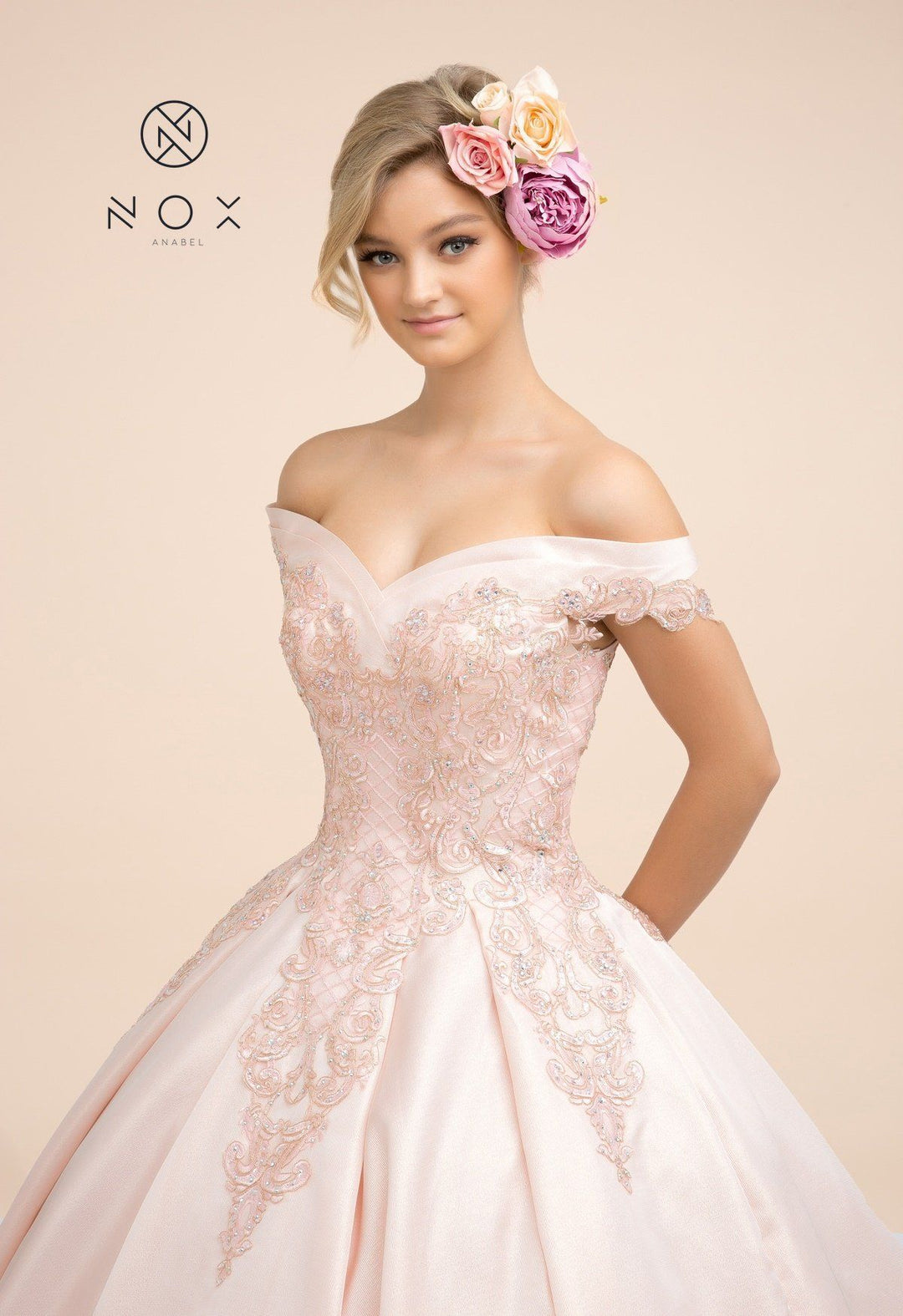 Lace Applique Off Shoulder Ball Gown by Nox Anabel U802