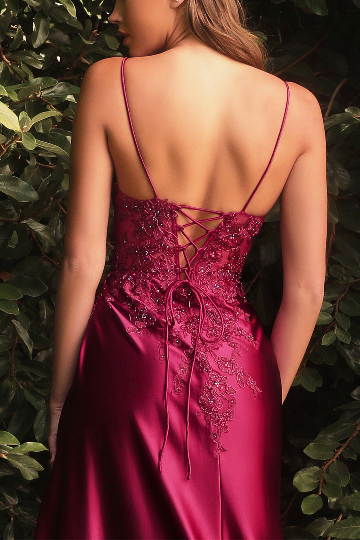 Lace Applique Satin Gown by Cinderella Divine CM318