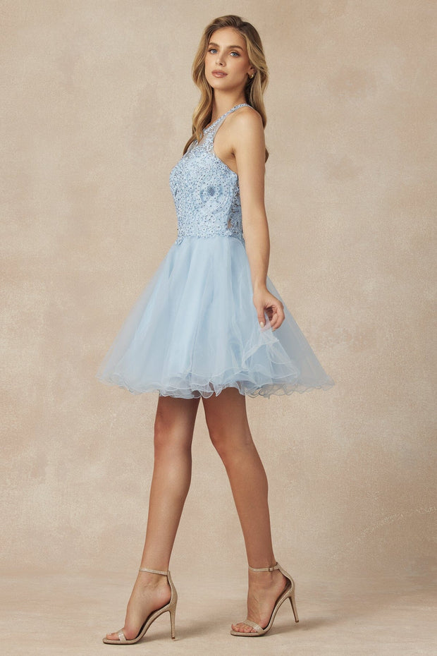Lace Applique Short Halter Dress by Juliet 826