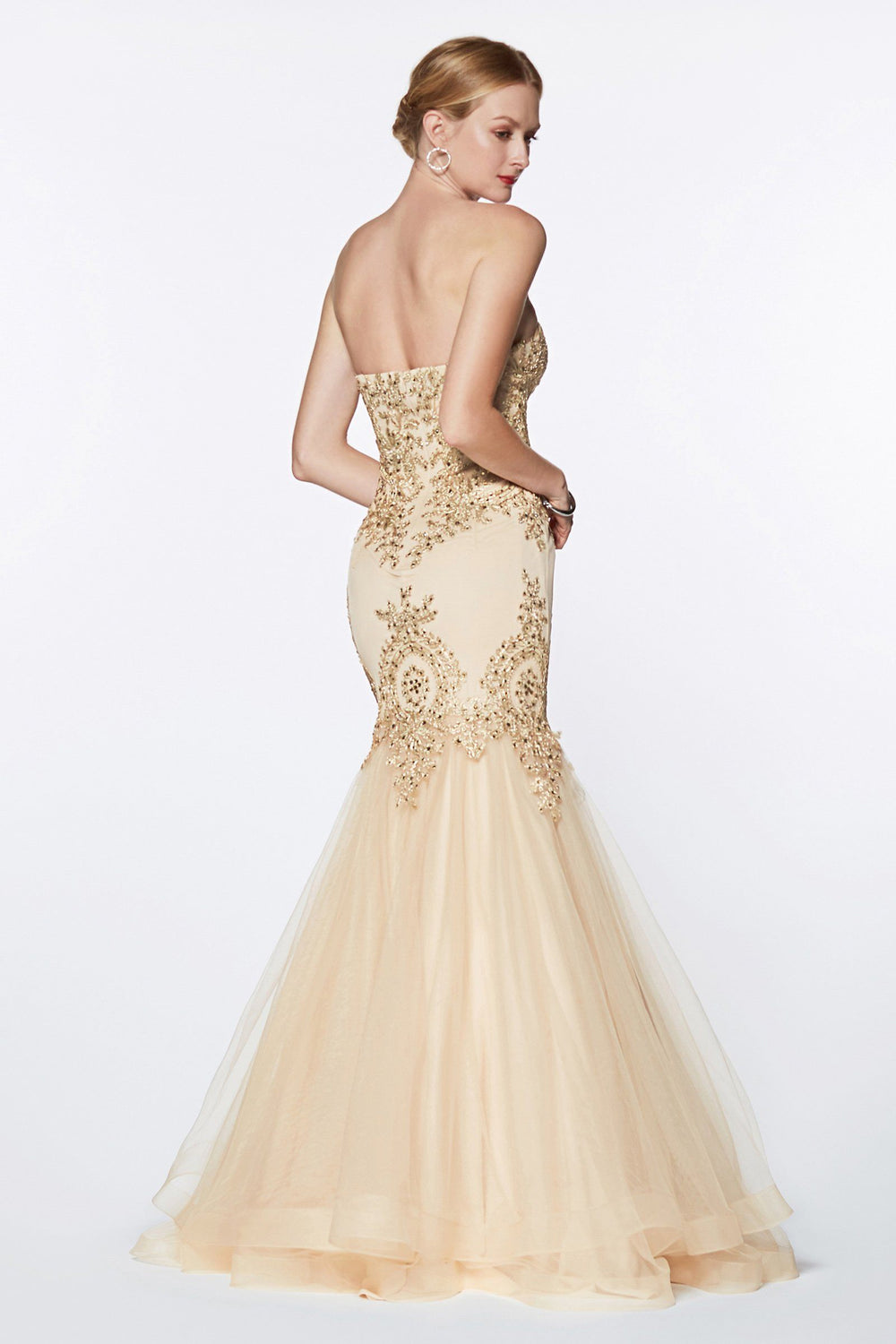 Lace Applique Strapless Mermaid Gown by Cinderella Divine 9179-Long Formal Dresses-ABC Fashion