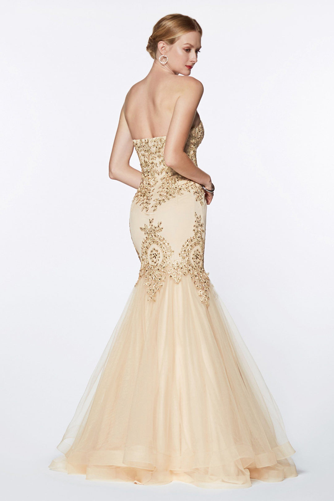 Lace Applique Strapless Mermaid Gown by Cinderella Divine 9179-Long Formal Dresses-ABC Fashion