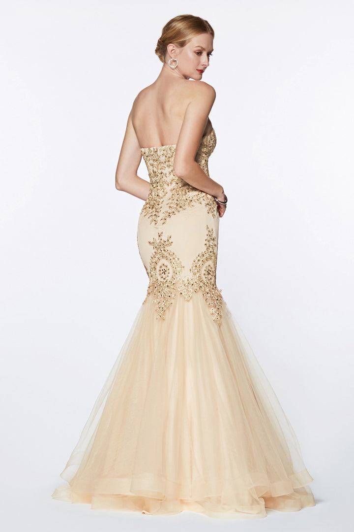 Lace Applique Strapless Mermaid Gown by Cinderella Divine 9179-Long Formal Dresses-ABC Fashion