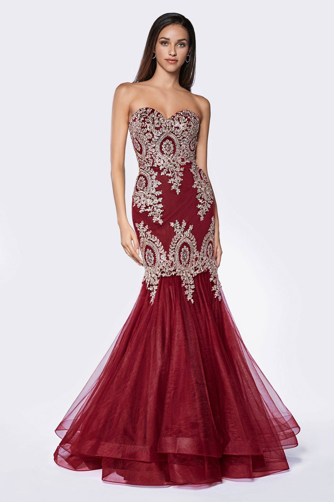Lace Applique Strapless Mermaid Gown by Cinderella Divine 9179-Long Formal Dresses-ABC Fashion