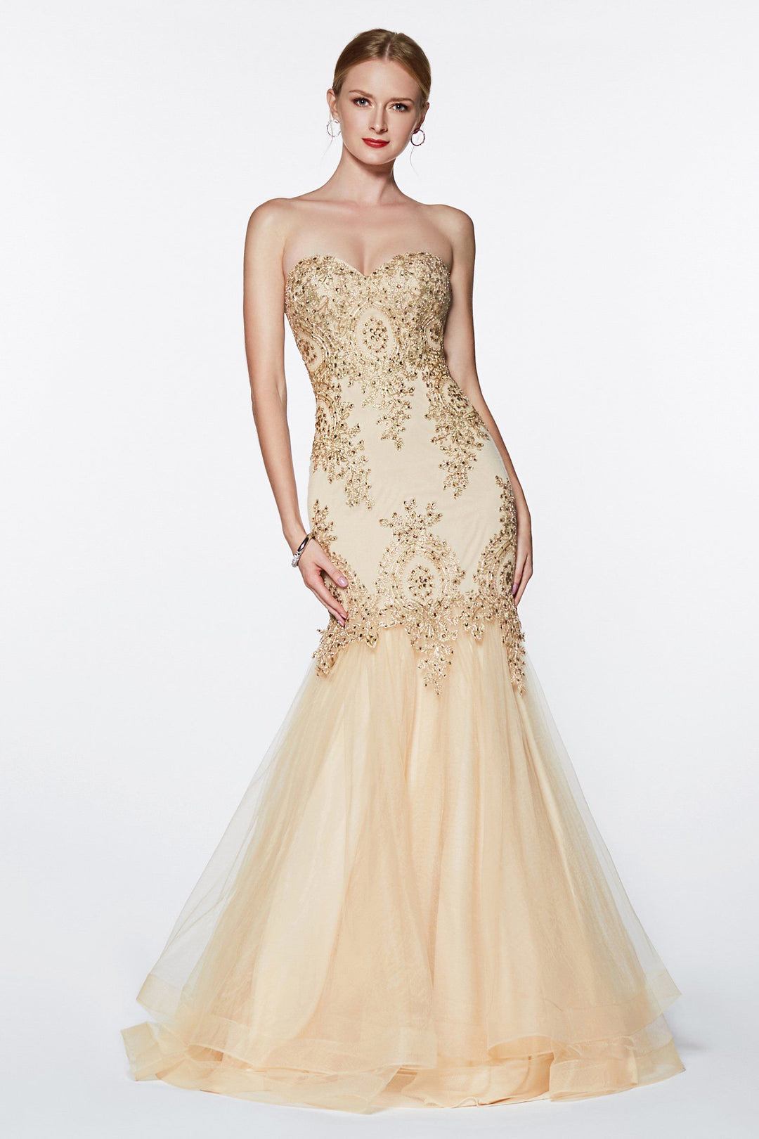 Lace Applique Strapless Mermaid Gown by Cinderella Divine 9179-Long Formal Dresses-ABC Fashion