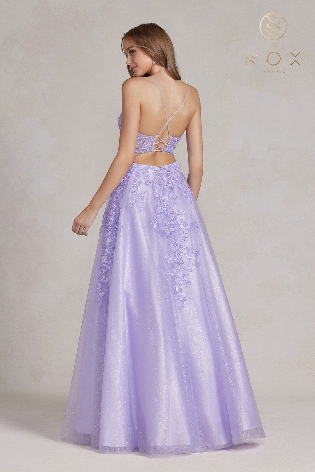 Lace Applique Tulle V-Neck Gown by Nox Anabel E1178