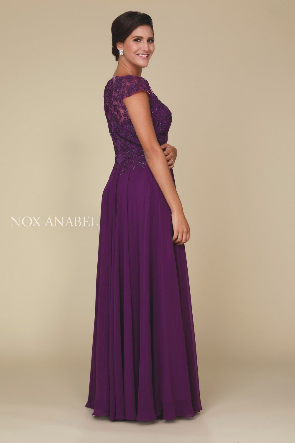 Lace Bodice Long Dress with Short Sleeves by Nox Anabel Q508-Long Formal Dresses-ABC Fashion