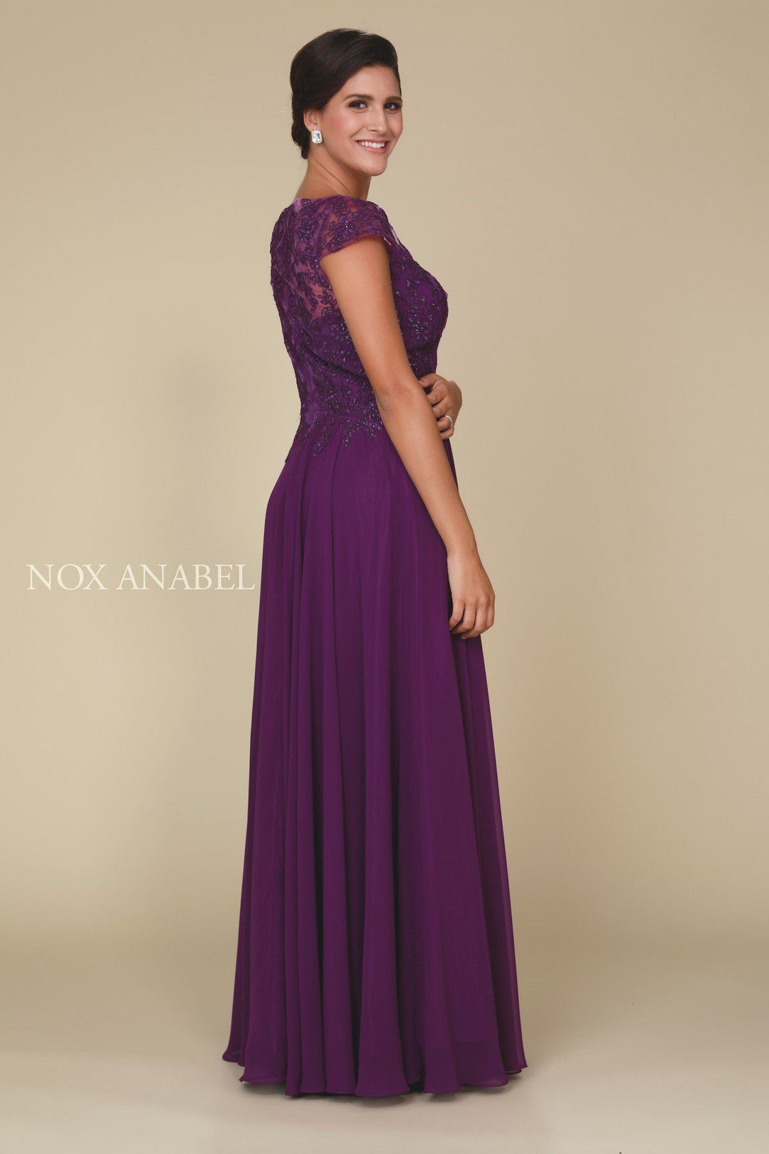 Lace Bodice Long Dress with Short Sleeves by Nox Anabel Q508-Long Formal Dresses-ABC Fashion