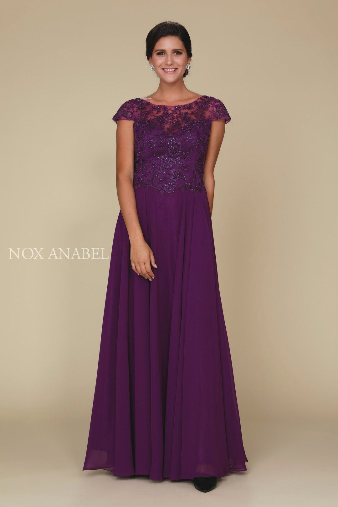 Lace Bodice Long Dress with Short Sleeves by Nox Anabel Q508-Long Formal Dresses-ABC Fashion