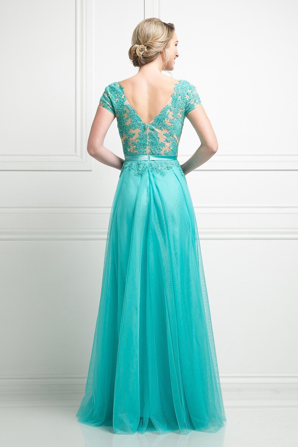 Lace Bodice Short Sleeve Gown by Cinderella Divine KD022
