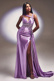 Lace Embellished Satin Slit Gown by Ladivine CDS415