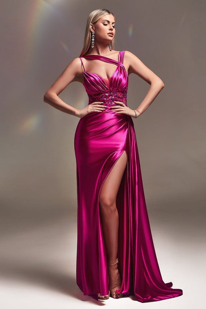 Lace Embellished Satin Slit Gown by Ladivine CDS415