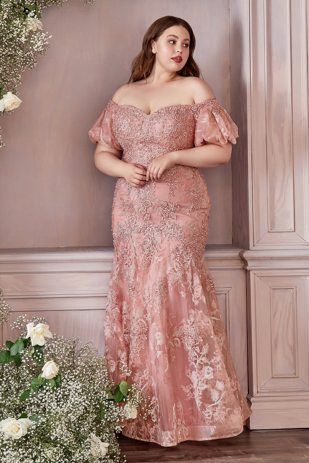 Lace Off Shoulder Mermaid Gown by Cinderella Divine CD959