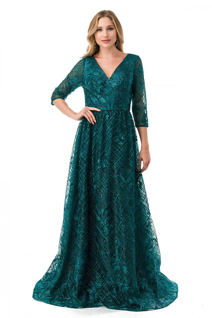 Lattice Print 3/4 Sleeve A-line Gown by Coya M2735F