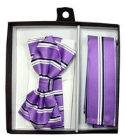 Lavender Striped Bow Tie with Pocket Square (Pointed Tip)-Men's Bow Ties-ABC Fashion
