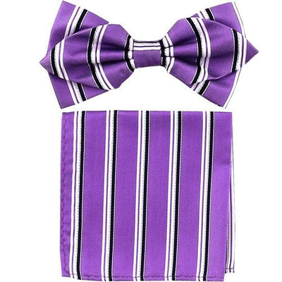 Lavender Striped Bow Tie with Pocket Square (Pointed Tip)-Men's Bow Ties-ABC Fashion