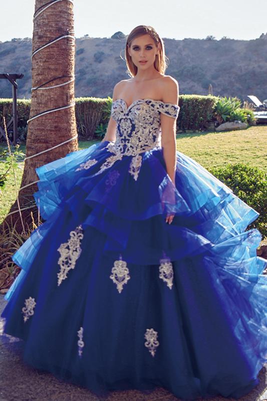 Layered Off Shoulder Glitter Ball Gown by Juliet 1432