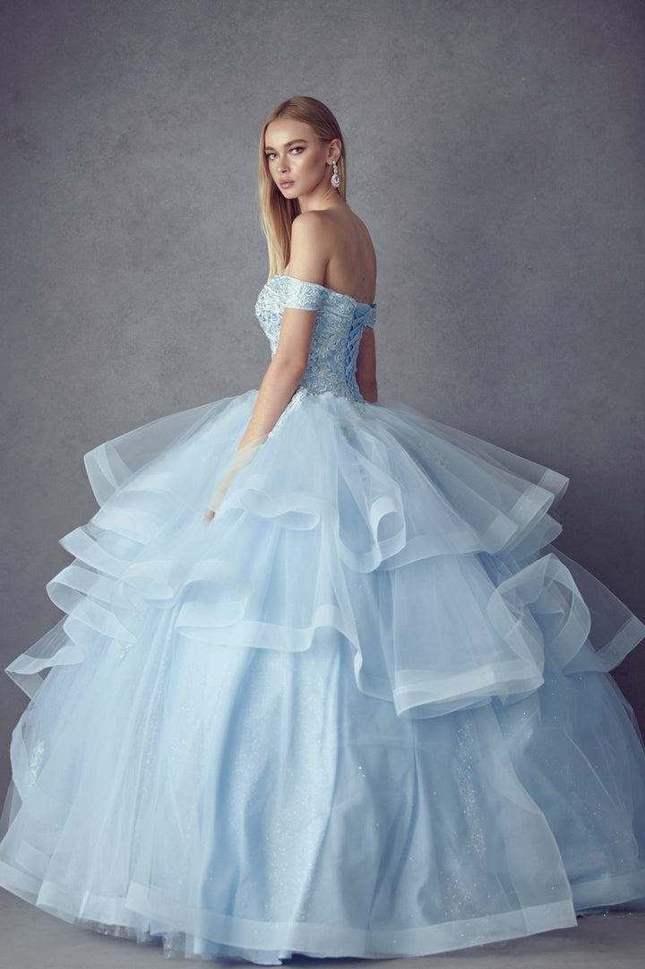 Layered Off Shoulder Glitter Ball Gown by Juliet 1432