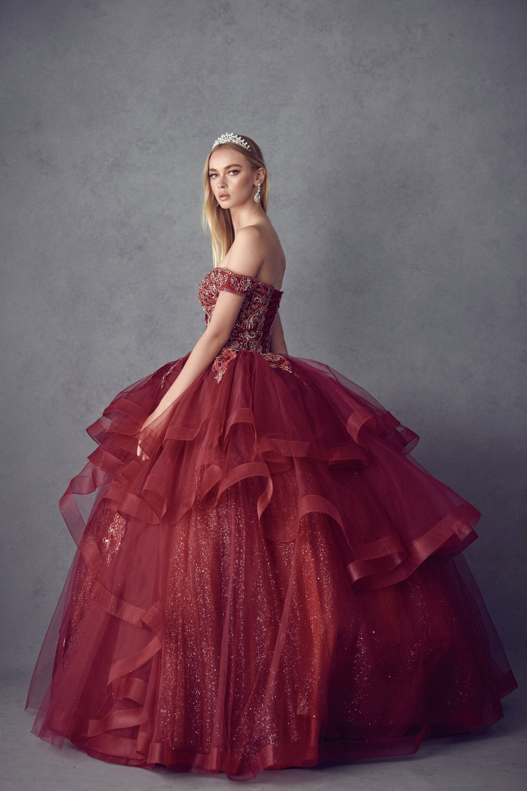 Layered Off Shoulder Glitter Ball Gown by Juliet 1432