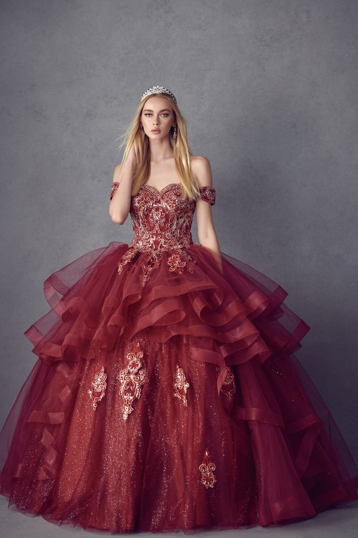 Layered Off Shoulder Glitter Ball Gown by Juliet 1432