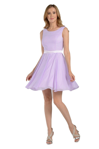 Lilac Short Knee Length Chiffon Dress by Poly USA-Short Cocktail Dresses-ABC Fashion